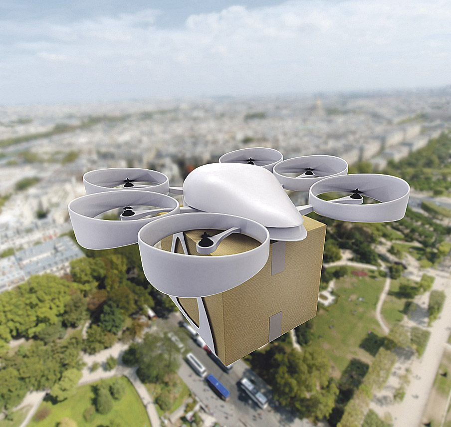 Paket-Drohne über einem Gewerbegebiet. Thema: Lieferverkehr 