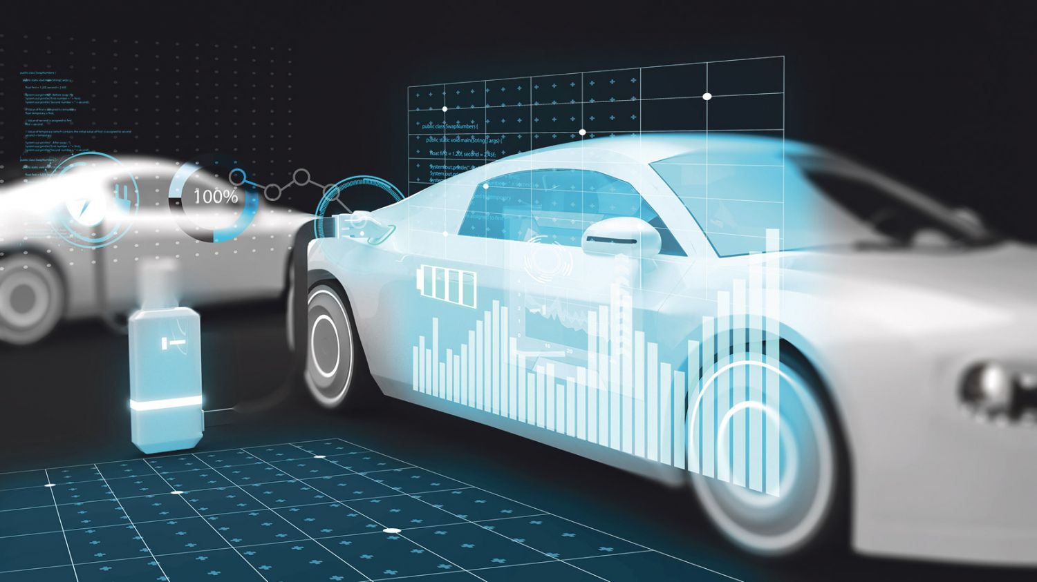 Elektroauto mit hologrammhafter Darstellung des Batteriestandes